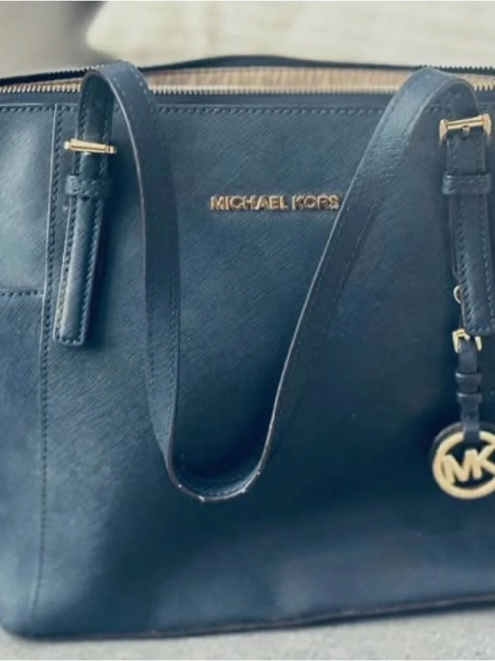 Michael Kors Blue Saffiano Shoulder Bag with Gold Hardware